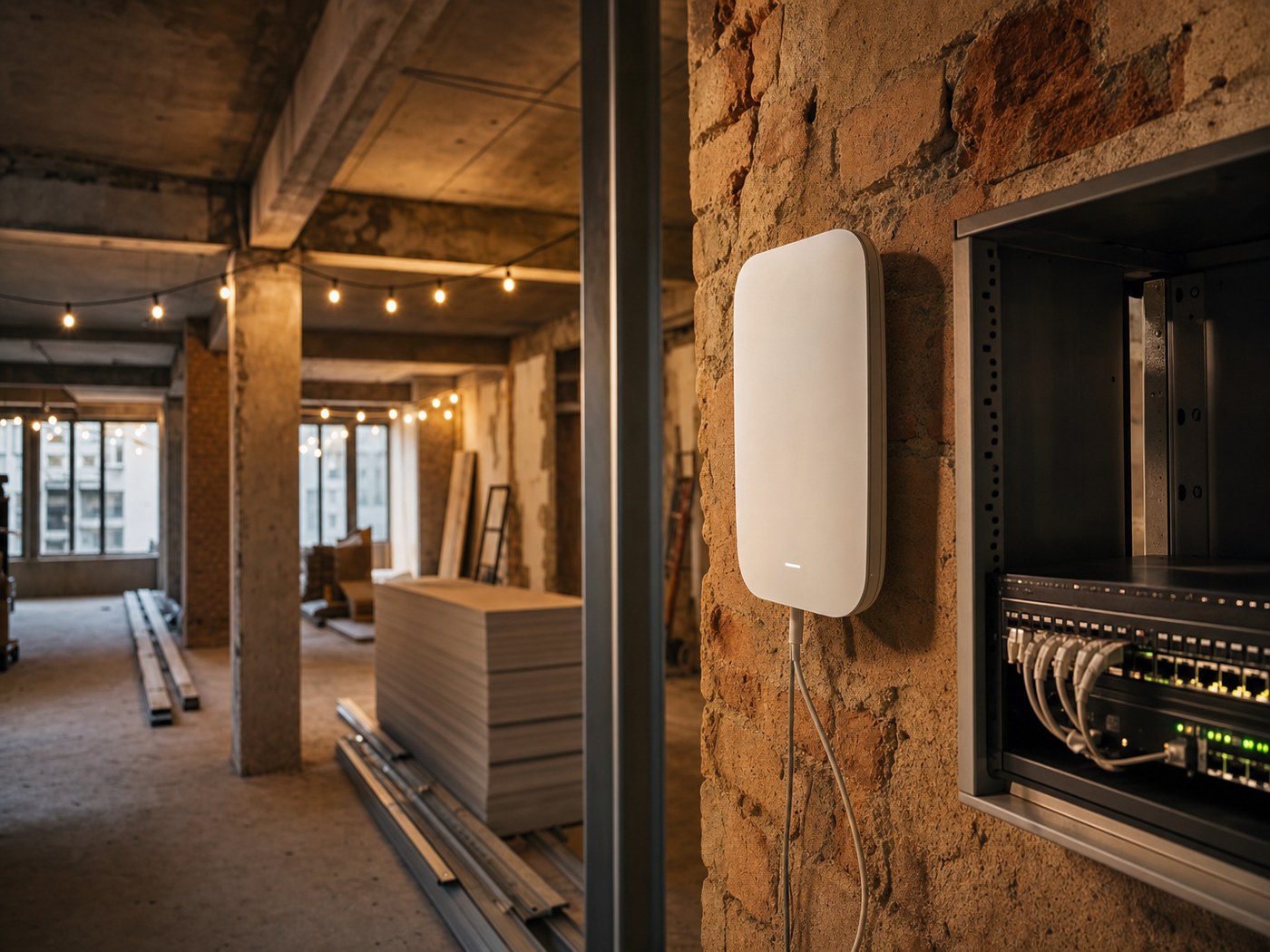 Wi-Fi access point and network cabinet installed in a former office building under conversion to apartments