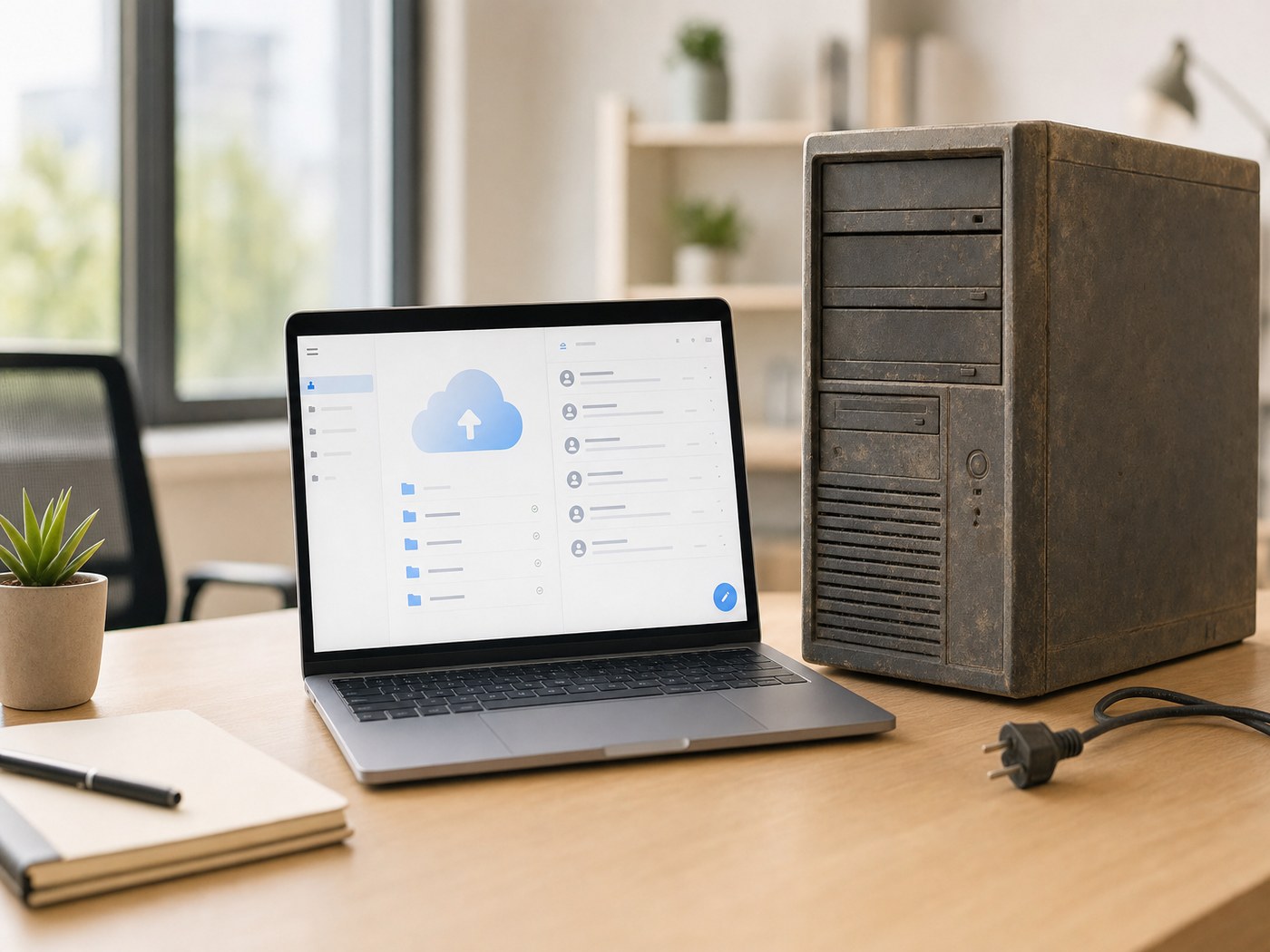 Laptop showing cloud file sync on screen next to a decommissioned legacy server tower being retired